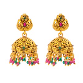 Bodha Traditional Indian Temple jewellery inspired Matte Gold-Plated Medium Size Jhumka Earrings with Kundan & Pearl for (Brides) Women - Peacock Design (SJE.313)