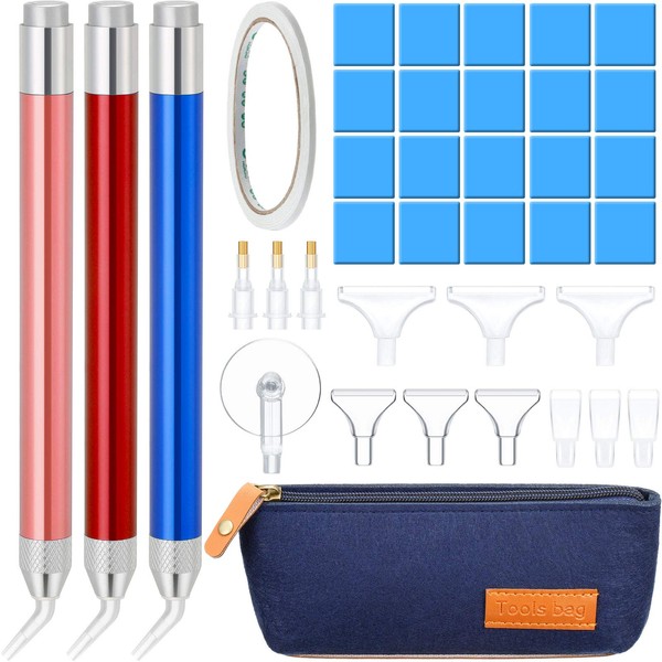5D Diamond Painting Drill Pen Kit Made of Lightweight Aluminium Alloy, Including 3 LED Diamond Painting Pen, Storage Bag, 16 Replacement Pen Heads, 20 Pieces Painting Glue Clay