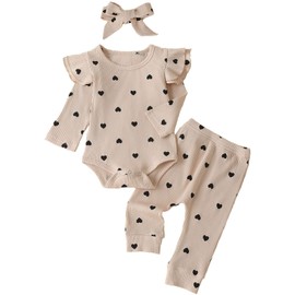Baby Girl Clothes Infant Girl Heart Prints Outfits Long Sleeve Romper and Pants Clothing Sets Brown 12-18 Months