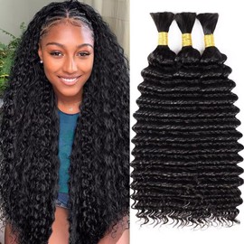 Human Braiding Hair for Boho Braids 150g 20 Inch Natural Black Curly Boho Hair for Braiding Knotless 12A Deep Wave Bulk Bohemian 3 Bundles/Pack Color 1B