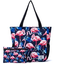 ETidy Large Capacity Foldable Tote Bag With Zipper Water-resistant Sandproof Women's Beach Handbag Gym Travel Shopping Bag (Flamingo)