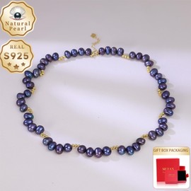 MUFANYOYO Natural Pearl S925 Sterling Silver Necklace, 6-9MM, Freshwater Black Pearls, 17 Inch Length, 0.24-0.35 Inch Beads