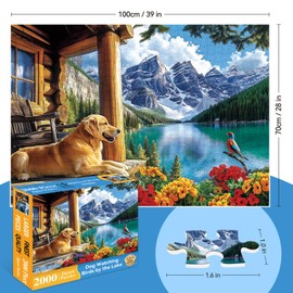 2000 Piece Puzzle for Adults, Serene Mountain Cabin with Golden Retriever, Wildflowers & Lakeside Landscape, Vibrant Jigsaw Puzzle, for Nature and Dog Lovers, 39" x 28"