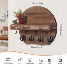 Key Holder for Wall Key Hooks Wall Mounted with Dried Flowers with Shelf and Wooden Key Holder Round Key Rack for Entryway Mudroom Hallway Kitchen Office (Brown)