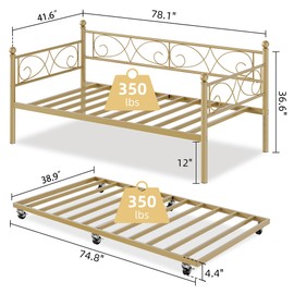 dainslef Twin Size Daybed Frame with Trundle, Metal Day Bed with Floral Headboard, Heavy Duty Steel Slats Supports, Modern Twin Bed Frame with Pull-Out Trundle for Living Room, Guest Room, Gold