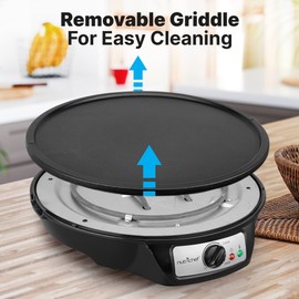 nutrichef Electric Crepe Maker & Griddle - Easy Clean Detachable Cooktop - Cooks Crepes, Bacon, Tortillas & Omelets - 12inch Cook Area with Adjustable Temperature - Includes Spatula & Batter Spreader