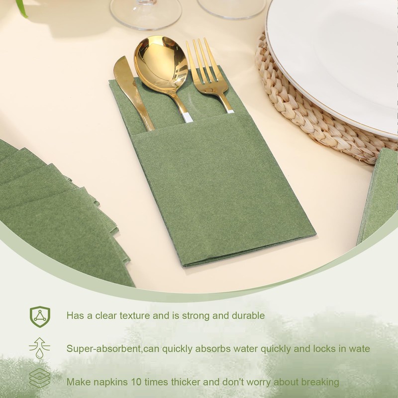 Qilery 50 Pcs Sage Green Disposable Dinner Napkins with Silverware