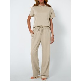 AUTOMET Womens 2 Two Piece Lounge Set 2025 Summer Outfits Clothes Vacation Beach Spring Fashion Short Sleeve Pants Matching Loungewear Travel Airport Resort Wear Sweatsuit Sweat Suit