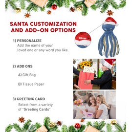 DolliBu Santa Blue Octopus Stuffed Animal Plush Toy - Super Soft Sea Animal Dress Up with Red Santa Claus Hat, Cute Ocean Gift, Perfect Holiday with Name Personalization - 15 Inches