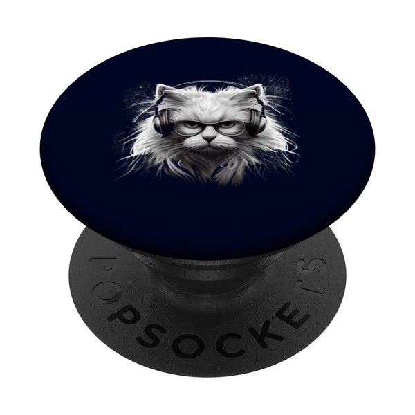Cat Head with Glasses Headphones Cool Cat PopSockets Swappable PopGrip
