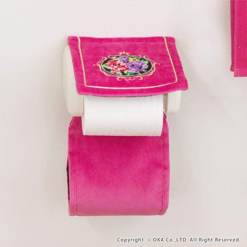 OKA Chenille Rose Paper Holder Cover Pink with Spare Holder