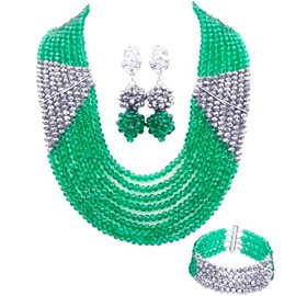aczuv 8 Lines Statement Strand Necklaces Nigerian Wedding African Beads Jewelry Set Crystal Bridal Jewelry Sets (Army Green Silver)