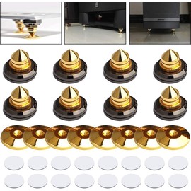 yazi Insulator Speakers Set of 8 Spike Receptor Audio Sound Quality Adjustable Height Anti-Vibration Spike Base with 16 Double Sided Tape Speaker Metal Spike Stand Heavy Duty Gold