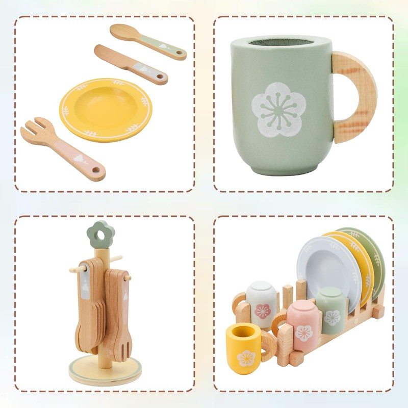 Wooden Kitchen Toys, Aolkee Toy Kitchen Dish Set,Wooden Kitchen Accessories,