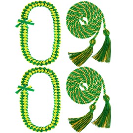 Henoyso 4 Pcs Graduation Ribbon Lei 2025 and Graduation Cord with Tassels Braided Necklace for Graduation Gifts Party Supply(Green and Gold)