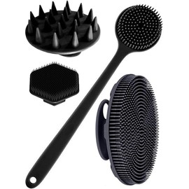 Set de cepillos corporales de silicona de 4 piezas, cepillo de mano no eléctrico con empuñadura antideslizante para un poder de limpieza superior y cerdas suaves para limpiar y masajear cada parte de su cuerpo. (Black)