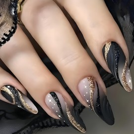 24 Pcs Black Almond Press on Nails Medium Length Gold Foil Fake Nails Gold Glitter Full Cover False Nails with Black Gold Line Design Artificial nails for Women Girls Acrylic Manicure Decoration