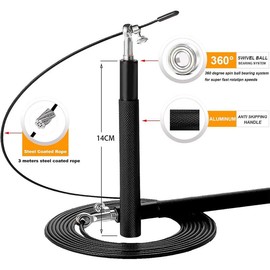Speed Jump Rope - 360? Swivel Ball Bearing - Adjustable steel coated rope-Aluminum Anti Skipping Handle -Fitness  Boxing  Exercises -Suitable for  and Adults - Color: Black