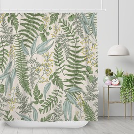 ZJRBJB Vintage Fern Leaf Leaves Sage Green Shower Curtain, Rural Eucalyptus Plant Natural Farmhouse Floral Botanical Art Printed Fabric Waterproof Curtain for Bathroom w/12 Plastic Hooks