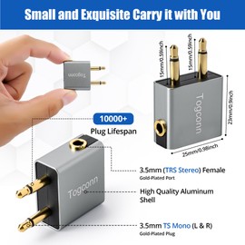 1/8" 1/8 Inch Airplane Flight Headphone Adapter,Dual 3.5mm Male to 3.5mm Female Airplane Headphones Jack Aux Audio Converter Connector (Aluminum Shell) for in-Flight Entertainment Systems