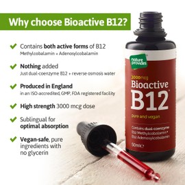 Nature Provides Vitamin B12 Liquid Drops (3000 mcg) Made in UK by Nature Provides - Methylcobalamin + Adenosylcobalamin (50ml), High Strength, Bioactive, Vegan, Energy & Sleep Support, Sublingual, Like B12 injections