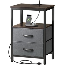 Huuger Nightstand with Charging Station, Fabric Drawers, End Table with Open Shelf, Bedside Table with USB Ports and Outlets, Night Stand for Bedroom, Walnut
