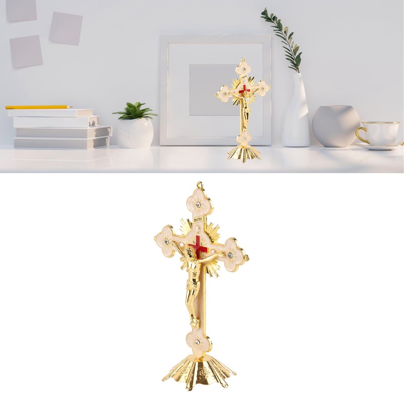 Metal Standing Cross Red Rhinestone Decoration Exquisite Retro Elegance Standing