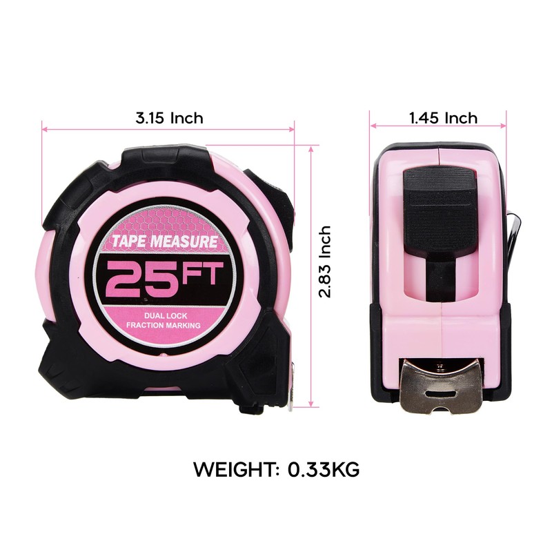 2 Pcs Tape Measure Pink,25FT Dual Lock, Fraction Marking