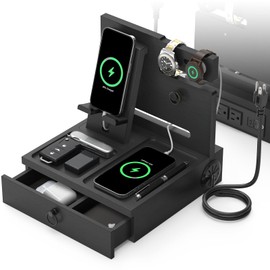 Wood Phone Docking Station with USB Ports and Outlets, Nightstand Organizer with Charging Station, Bedside Organizer with Drawer for Watch & Accessories, Christmas Anniversary Birthday Gifts for Men