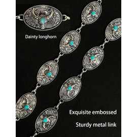 BEMYLV Cowgirl Belts for Women Western Silver Turquoise Concho Belt Cowboy Longhorn Metal Chain Belt for Dresses Jean Country Concert Outfit