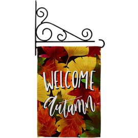 Ornament Collection GS192136-P3-03 Welcome Autumn Leaves Fall Harvest & Impressions Decorative Vertical 13" x 18.5" Garden Flag Set Metal Fansy Wall Bracket Hardware