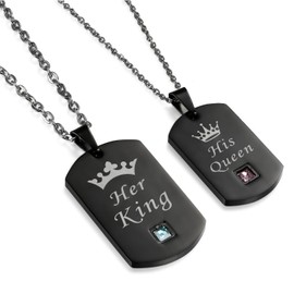Flongo Couples Partner Pendant Necklace Set, Zirconia Stainless Steel Necklace Chain with Engraving Crown, Dog Tag, Black Silver Partner Chains for Men, Women, Stainless Steel, Cubic Zirconia