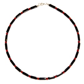 Onyx Jewellery (Necklace) Onyx Chain Onyx Rollers with Coral Balls Clasp 925 Sterling Silver Model Number 1190, Gemstone, Onyx