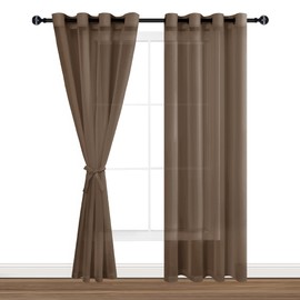 Hiasan Sheer Curtains for Bedroom with Tiebacks, Light Filtering Airy Breathable Voile Drapes Lightweight Grommet Window Curtains for Living Room, Sliding Glass Door, Brown, W52 x L84, 2 Panels