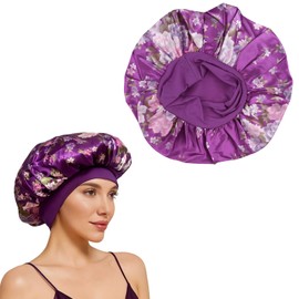 Weiche Satin Schlafmütze Für Frauen, Lila Druck Weiche Elastische Bonnet, Breiter Rand Nachtmütze Pflegehaube Ideal für die Nächtliche Haarpflege zu Hause, Auf Reisen Oder im Wellnessbereich
