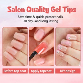Bellelfin Long Square Gel Nail Tips 300Pcs Pre Colored Soft Gel X False Nail Tips, Nude Color Tips Full Cover Natural Pre-applied Fake Nail Tip for Nail Extension, 15Sizes