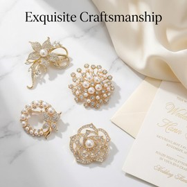 Brooches and Pins for Women, 4Pcs Gold Brooch Set with Pearl Brooch & Crystal Broochs Rhinestone, Vintage Flower Broochs Butterfly Lapel Pins for Wedding Party Gift