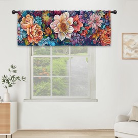 Kalmico Bohemian Flower Kitchen Curtain Valance 54W x 18L Inch Indian Blossom Colorful Rod Pocket Short Cafe Small Window Treatment Drapes Decor