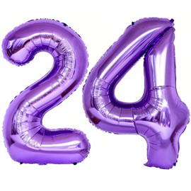Purple 24 Number Balloons, 40 Inch Giant Number 24 Balloons Foil Mylar Helium Purple Number Balloons for 24th Birthday Party Supplies Anniversary Event Celebration Decorations