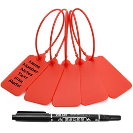 100 Red Blank Plastic Tags for Labeling Waterproof Hanging Labels Writable Tags Seal Plastic Marking Label for Clothes Bags Keys Inventory with One Marker Pen