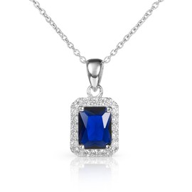 Diamond Treats 925 Sterling Silver Blue Pendant Necklace with a Sapphire Blue Stone and Small Cubic Zirconia Stones, Emerald Cut Pendant Necklace in 925 Silver, Elegant Blue Necklace for Women