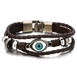 COOLSTEELANDBEYOND Three-Row Mens Womens Tribal Evil Eye Beads Charms Leather Bracelet Wristband Wrap Bracelet