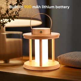LONRISWAY LED Cordless Table Lamp Rechargeable Lamp with Dimming Eye-Care Lighting, Portable Touch Lamp for Outdoor Camping Living Room Bedroom Bedside Office, Natural Wood lamp with Handle