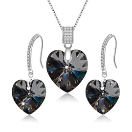 Love Heart Necklace Earrings Jewelry Set for Women Austrian Crystal Dangle Earrings Christmas Jewelry Gift for Women Wife (Black)