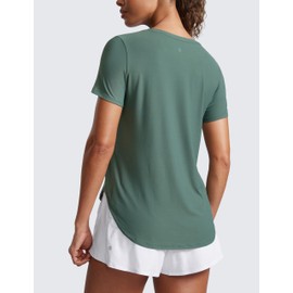 CRZ YOGA Cloudweight Workout Tops for Women Lightweight Athletic Short Sleeve Shirts Gym Running Side Slit T-Shirts Graphite Green Large