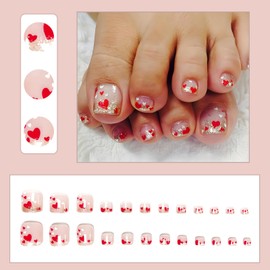 24Pcs Valentine's Press on Toenails Short Square Fake Toe Nails Pink Toe Nail Press Ons with Red White Heart Design Acrylic Full Cover Gold Glitter False Toe Nail Tips Stick on Toenails for Women