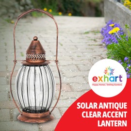 Exhart Outdoor Garden Solar Lights, Antique Tabletop Glass and Metal Garden Lantern, 15 Firefly LED Lights, 6.5 x 14 Inch, Clear
