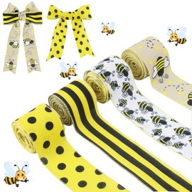 CCINEE 4 Rolls Wired Edge Ribbons with Bee,2.5 Inch×26 Yards Yellow Satin with Honeybee Polka Dot Stripe Plaid Check for Wreath Floral Arrangements Crafts Wrapping Supplies DIY Hair Bow