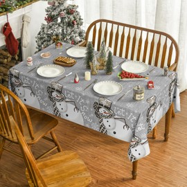 Horaldaily Christmas Tablecloth 60×140 Inch Rectangular, Snowman and Snow Grey Washable Table Cover for Party Picnic Dinner Decor