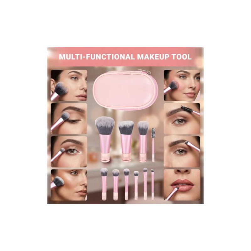 10pcs Brochas de Maquillaje Profesional de Viaje Mini Pinceles con
